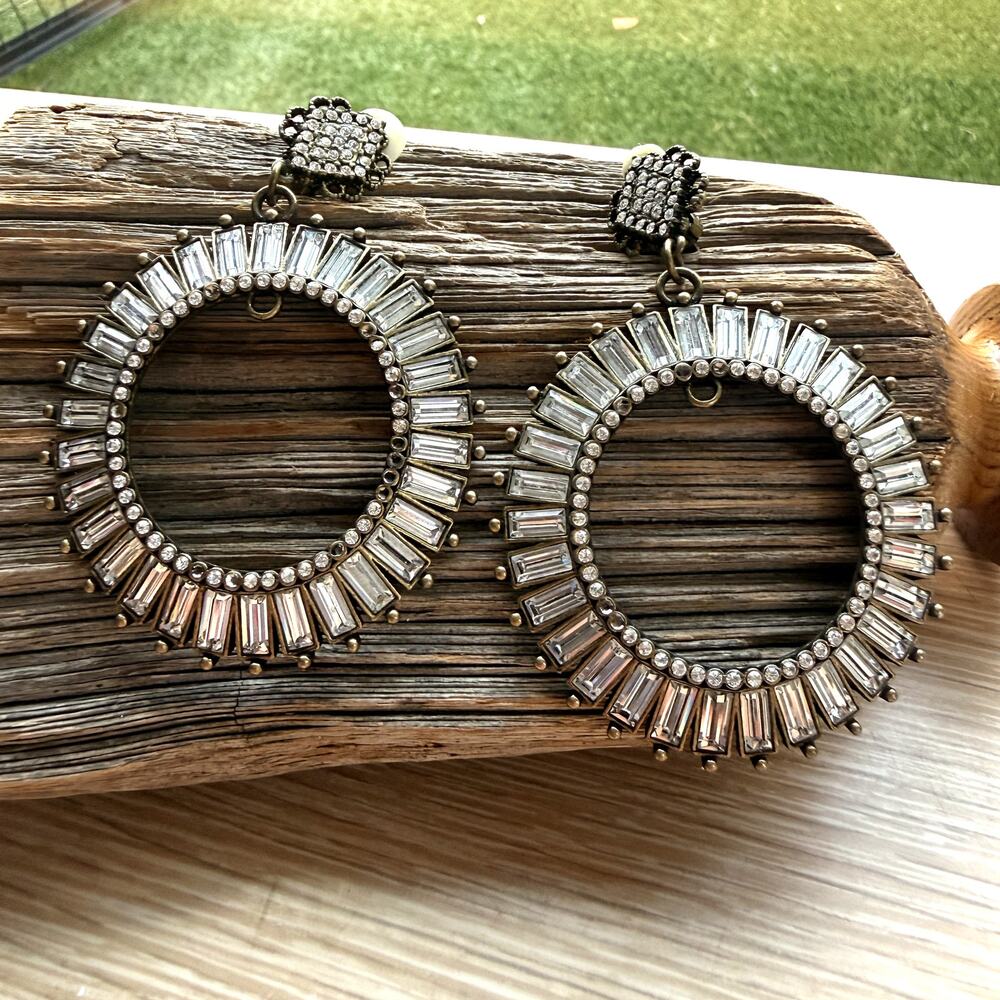 Crystal Baguette Fan Hoop Statement Earrings Art Deco Bridal Clip On Gunmetal